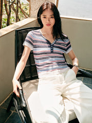 Women's Blend Striped Short Sleeve Knit Top