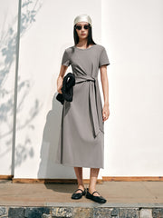 Women's Solid Knit Dress with Tie-Waist Detail
