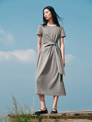 Women's Solid Knit Dress with Tie-Waist Detail