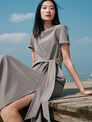 Women's Solid Knit Dress with Tie-Waist Detail
