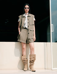 Women's high-waist A-line shorts with a scarf