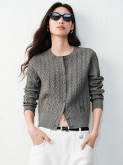 Women's Grey Cable-Knit Cropped Cardigan