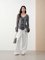 Women's Elegant Ruffle-Trim Knit Cardigan