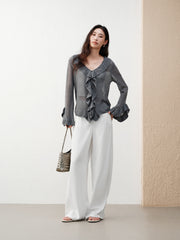 Women's Elegant Ruffle-Trim Knit Cardigan