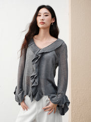 Women's Elegant Ruffle-Trim Knit Cardigan