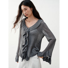 Women's Elegant Ruffle-Trim Knit Cardigan