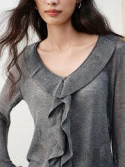 Women's Elegant Ruffle-Trim Knit Cardigan