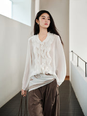 Women's Tencel Sheer Ruffle Long-Sleeve Shirt