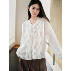 Women's Tencel Sheer Ruffle Long-Sleeve Shirt