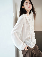 Women's Tencel Sheer Ruffle Long-Sleeve Shirt