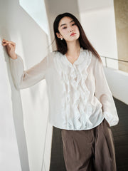 Women's Tencel Sheer Ruffle Long-Sleeve Shirt