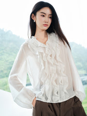 Women's Tencel Sheer Ruffle Long-Sleeve Shirt