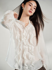 Women's Tencel Sheer Ruffle Long-Sleeve Shirt