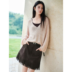 Women's Casual Faux-Suede A-Line Fringe Mini Skirt