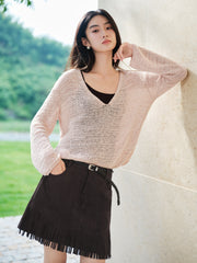 Women's Casual Faux-Suede A-Line Fringe Mini Skirt