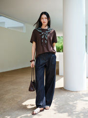 Women's Casual Contrast-Color Embroidered  T-Shirt
