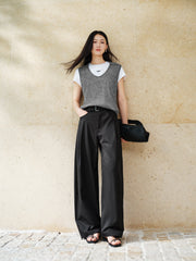 Women's Casual High-Rise Self-Tie Belt Curved-Leg Pants