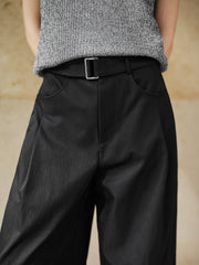Women's Casual High-Rise Self-Tie Belt Curved-Leg Pants