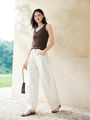 Women's Casual High-Rise Self-Tie Belt Curved-Leg Pants