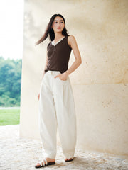Women's Casual High-Rise Self-Tie Belt Curved-Leg Pants