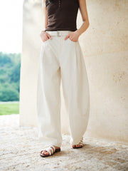 Women's Casual High-Rise Self-Tie Belt Curved-Leg Pants