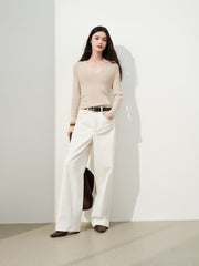 Women's Elegant V-Neck Acetate-Wool Knit Pullover