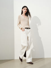 Women's Elegant V-Neck Acetate-Wool Knit Pullover