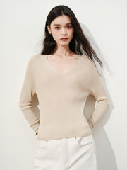 Women's Elegant V-Neck Acetate-Wool Knit Pullover