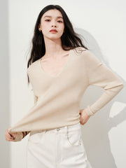 Women's Elegant V-Neck Acetate-Wool Knit Pullover