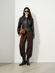 Women's Commuter Waist-Cinching Genuine Leather Jacket