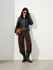 Women's Commuter Waist-Cinching Genuine Leather Jacket