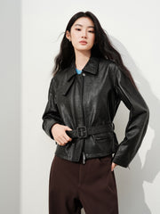 Women's Commuter Waist-Cinching Genuine Leather Jacket