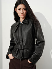 Women's Commuter Waist-Cinching Genuine Leather Jacket