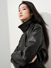 Women's Commuter Waist-Cinching Genuine Leather Jacket
