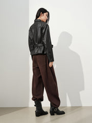 Women's Commuter Waist-Cinching Genuine Leather Jacket