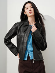 Women's Commuter Waist-Cinching Genuine Leather Jacket