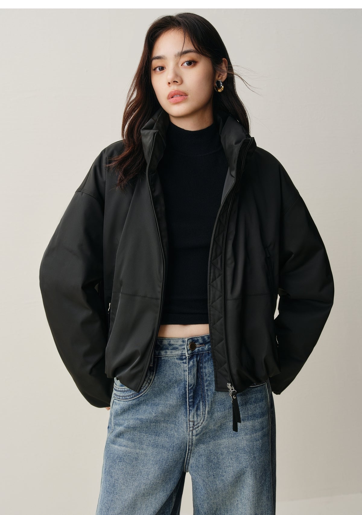 Women's Short Down Jacket with Ruched Hem