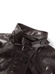 Women's Vintage  Waxed Genuine Leather Stand-Collar Jacket