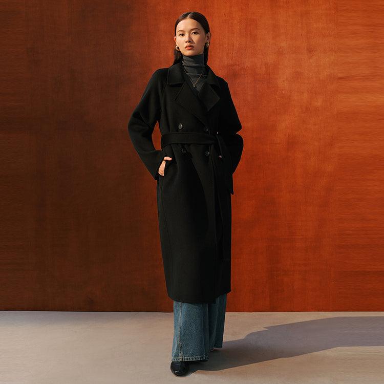 Women's Black Belted Wool Coat