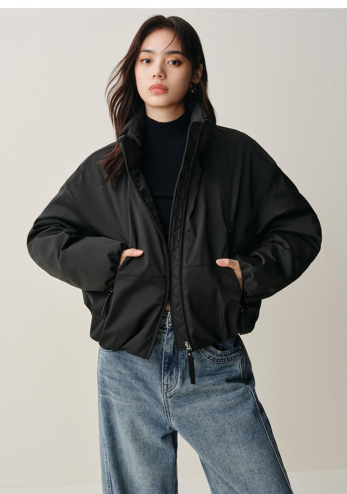 Women's Short Down Jacket with Ruched Hem