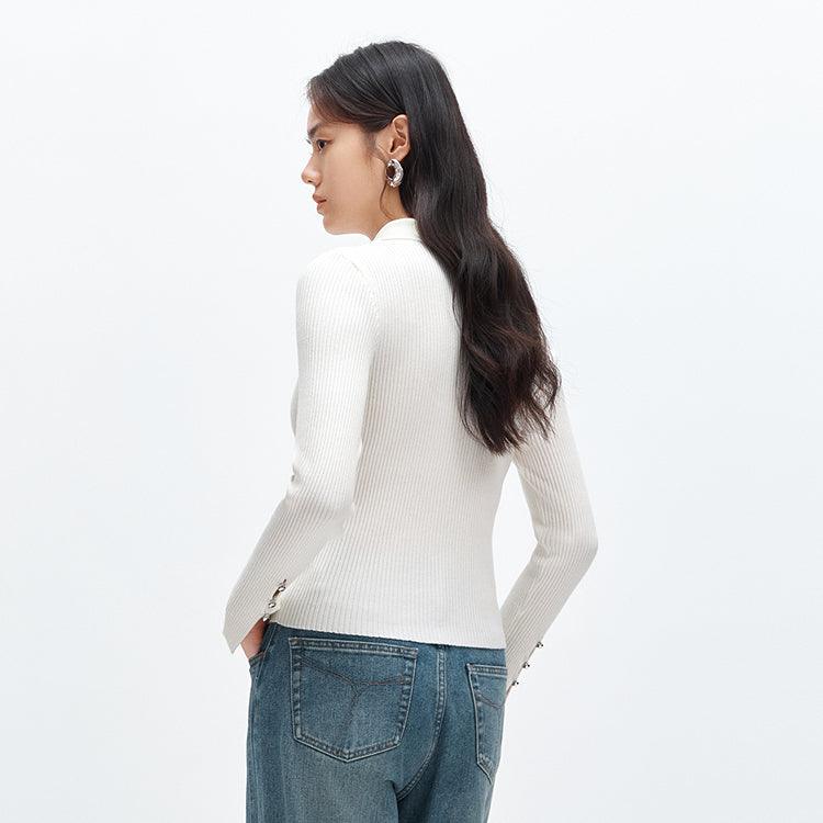 Women's White Chinese Style Skinny Knit Pullover