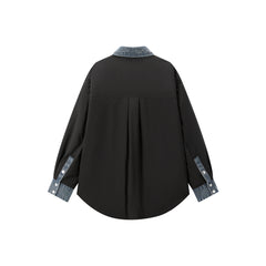 Women's Oversized Down Shirt with Denim Panels