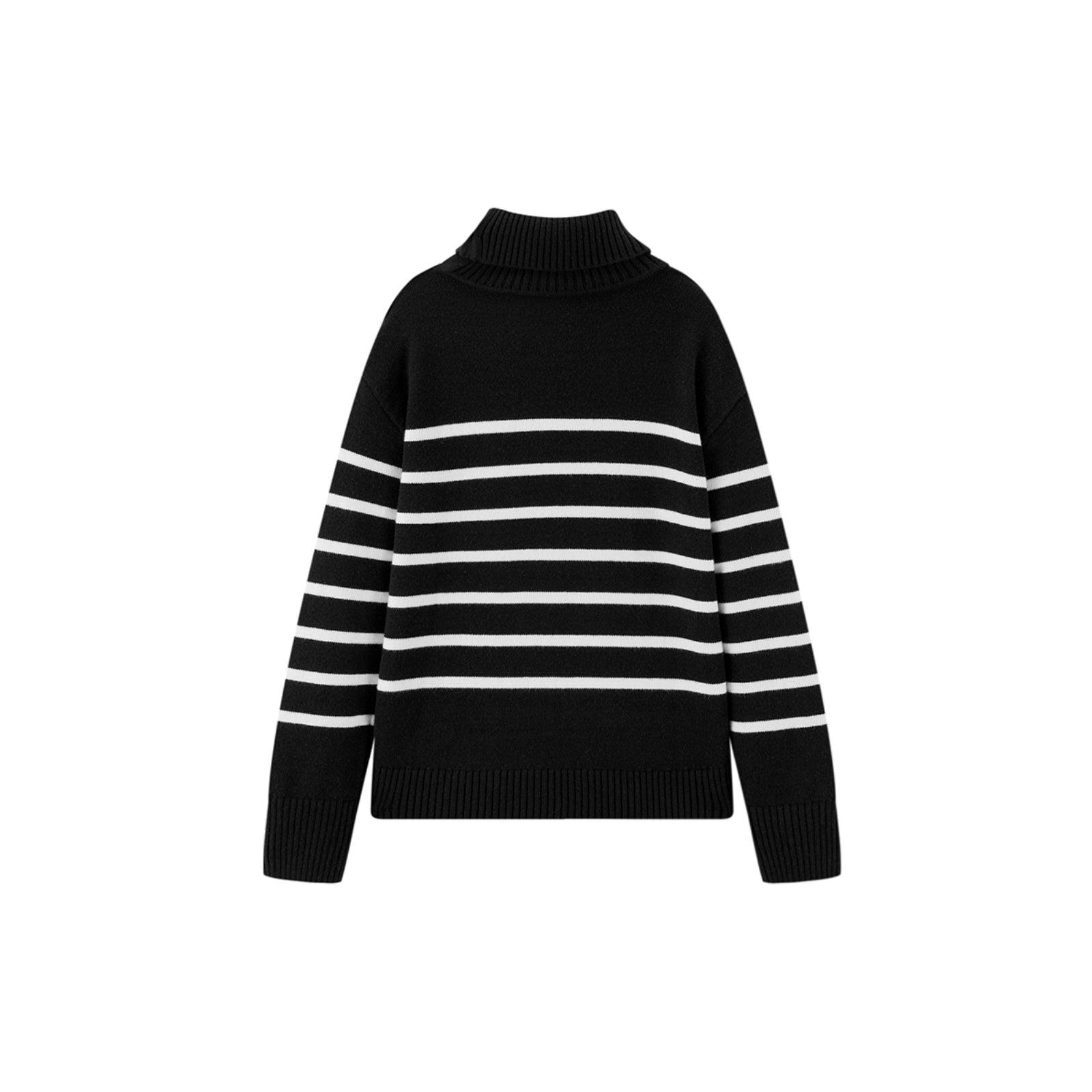 Women's Black Striped Button-Collar Knit Pullover