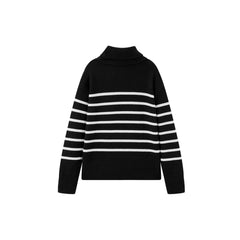 Women's Black Striped Button-Collar Knit Pullover