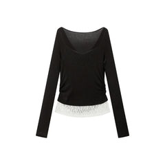 Women's Off-Shoulder Cowl Neck T-Shirt with Lace Trim