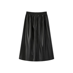 Women's PU Mid-Length Skirt with Elastic Waist