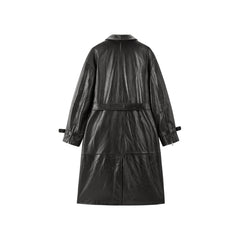 Women's Long Double-Breasted Leather Trench Coat