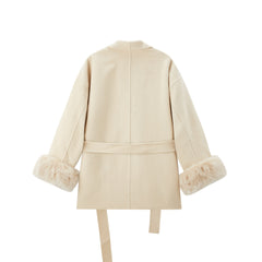Women's Wool Coat with Detachable Fox Fur Cuffs