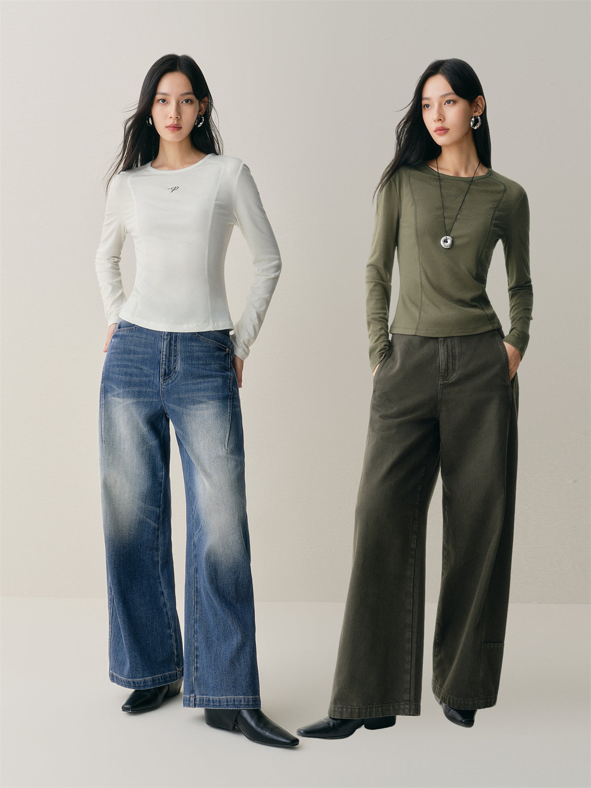 Women's Short Tonal Panel Tencel Long-Sleeve T-Shirt