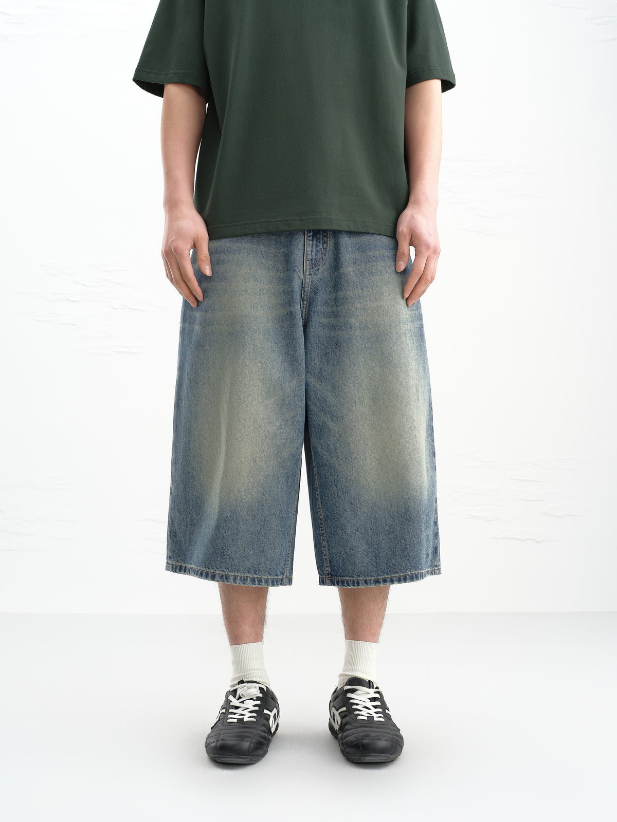 Men's casual wide-leg denim mid-length pants